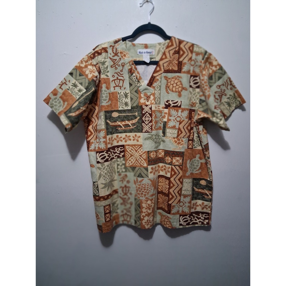 Made in Hawaii R&F Sewing Mens XL V-Neck Shirt Turtle Pineapple Tribal Patchwork